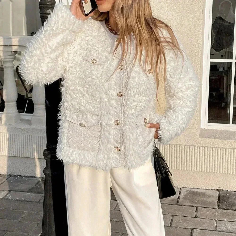 Beige Casual Women's Long Sleeve Faux Fur Crew Neck Tweed Coat - Picture 6 of 6